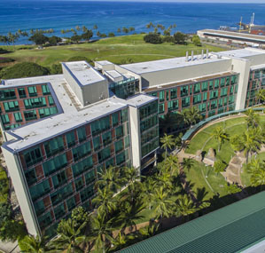 Aerial shot of the UH Cancer Center in Kakaako