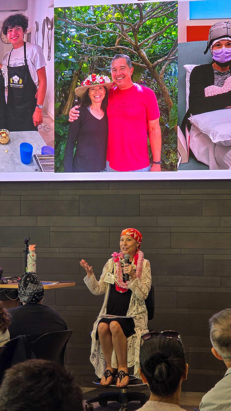 Top photo, left to right: son, Susan and Peter, Susan; bottom photo: Susan speaking at  CARE event